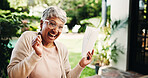 Elderly, winner and excited woman with financial document for property inheritance or success. Paper, happy person and celebrate retirement savings, tax return and pension increase at home backyard