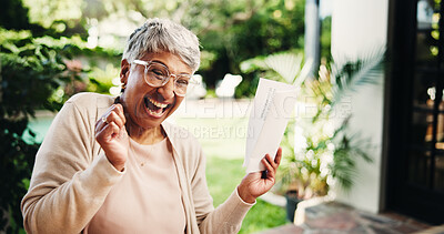Buy stock photo Elderly, winner and excited woman with financial document for property inheritance or success. Paper, happy person and celebrate retirement savings, tax return and pension increase at home backyard