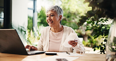 Buy stock photo Senior woman, receipt and laptop at house of finance report, review budget and payment invoice. Elderly person, reading and pc with mortgage savings, bills information and balance account in backyard