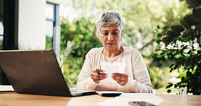 Buy stock photo Receipt, laptop and stress with old woman in home for life insurance, widow payout and research. Death benefit policy, account cost and worry with senior person outdoor for application paperwork