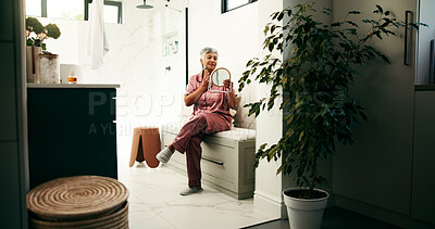 Buy stock photo Home, mirror and woman in bathroom, beauty and facial roller with grooming, start day and skincare. Reflection, anti aging or mature person with dermatology, cosmetics and treatment for wrinkles
