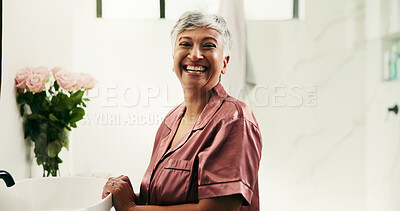 Buy stock photo Portrait, senior woman and laughing for skincare of grooming, facial or treatment in bathroom. Smile, elderly person or shine with natural beauty, dermatology progress and hydration benefits at house