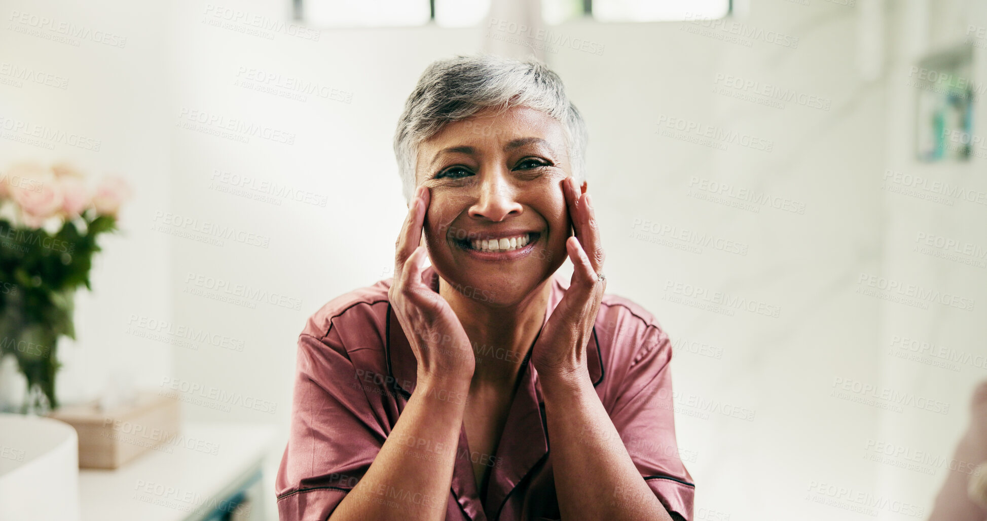 Buy stock photo Portrait, elderly woman and check skincare for collagen results, facial cosmetics and treatment. Smile, senior person and face inspection for beauty, dermatology progress and hydration shine at house