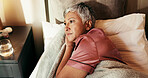 Thinking, tired and worry with old woman in bed for insomnia, reflection and retirement. Fatigue, sleeping pills and memory with above of senior person in bedroom of home for mental health and idea
