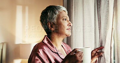 Buy stock photo Thinking, window and coffee with old woman in home for reflection, wake up and relax. Morning inspiration, calm and vision with senior person drinking tea in house for memory, mindset and peace