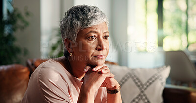 Buy stock photo Sad, lonely and senior woman thinking in home with Alzheimer, dementia and grief. Memory loss, anxiety and worried elderly person with depression in retirement or house with stress, regret and doubt