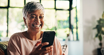 Buy stock photo Phone, relax and smile with senior woman in living room of home for social media browsing on sofa. App, connection and wellness with person in apartment for internet search or typing text message
