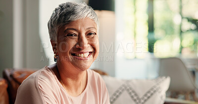Buy stock photo Happy, home and portrait of mature woman laugh on sofa for relaxing, rest and chill in living room. Retirement, morning and face of senior person on couch for comfort, positivity or wellness in house