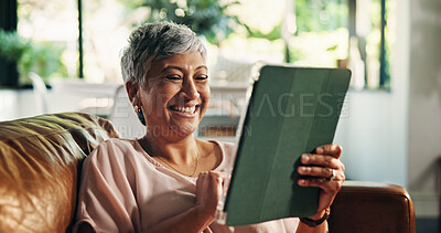 Buy stock photo Senior, woman or laughing with tablet on sofa for funny video, social media meme or internet joke. Retirement, old person or relax with digital tech in home for streaming subscription or comedy ebook