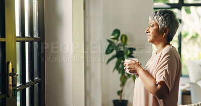 Buy stock photo Thinking, senior woman and coffee at window for past memory, nostalgia and morning routine. Lonely, elderly person and reflection with beverage, retirement decision and daydreaming with view at house