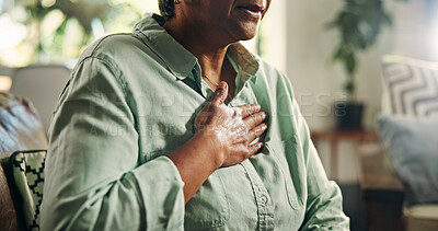 Buy stock photo Living room, chest pain and senior woman with heart attack, health risk or angina with medical emergency. Retirement, heartburn and person with cardiovascular disease, cardiac arrest and hypertension