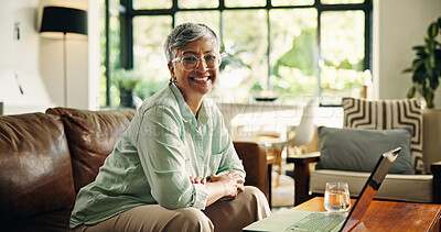 Buy stock photo Happy, relax and portrait of senior woman in living room at home with laptop for pension funds. Smile, calm and elderly female person with computer for retirement planning on internet in house.