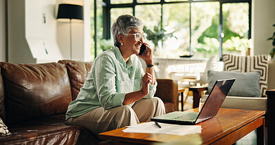 Buy stock photo Phone call, laptop and mature woman with smile for pension, planning and good news in home. Computer, cellphone and senior female person with discussion for investment document or account update