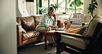 Phone call, laptop and senior woman with budget for pension, planning and banking in home. Computer, cellphone and mature female person with discussion for investment document or account update