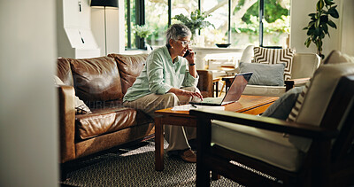 Buy stock photo Phone call, laptop and senior woman with budget for pension, planning and banking in home. Computer, cellphone and mature female person with discussion for investment document or account update