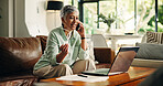 Phone call, laptop and mature woman in home with communication for pension, planning and funds. Computer, cellphone and senior female person with discussion for investment or account update in house