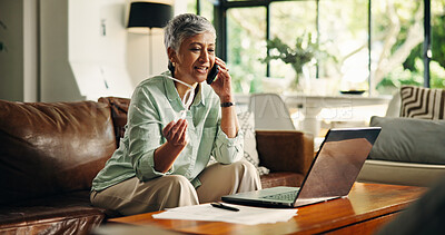 Buy stock photo Phone call, laptop and mature woman in home with communication for pension, planning and funds. Computer, cellphone and senior female person with discussion for investment or account update in house