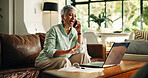 Senior woman, laptop or phone call in home for annuity fund query, tax planning or online assistance. Budget, old person and talking to finance agent on sofa for retirement savings account and update