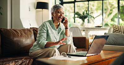 Buy stock photo Senior woman, laptop or phone call in home for annuity fund query, tax planning or online assistance. Budget, old person and talking to finance agent on sofa for retirement savings account and update