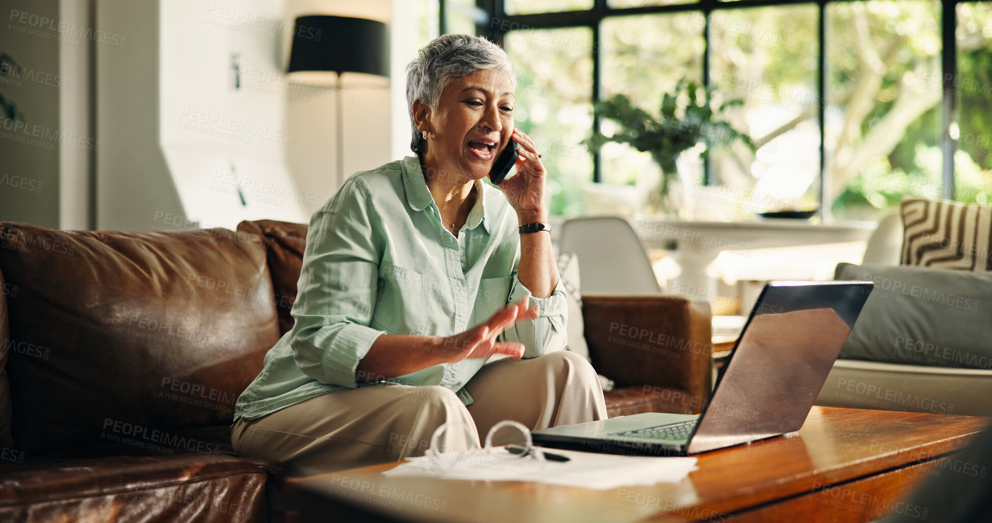 Buy stock photo Senior woman, laptop or phone call in home for annuity fund query, tax planning or online assistance. Budget, old person and talking to finance agent on sofa for retirement savings account and update