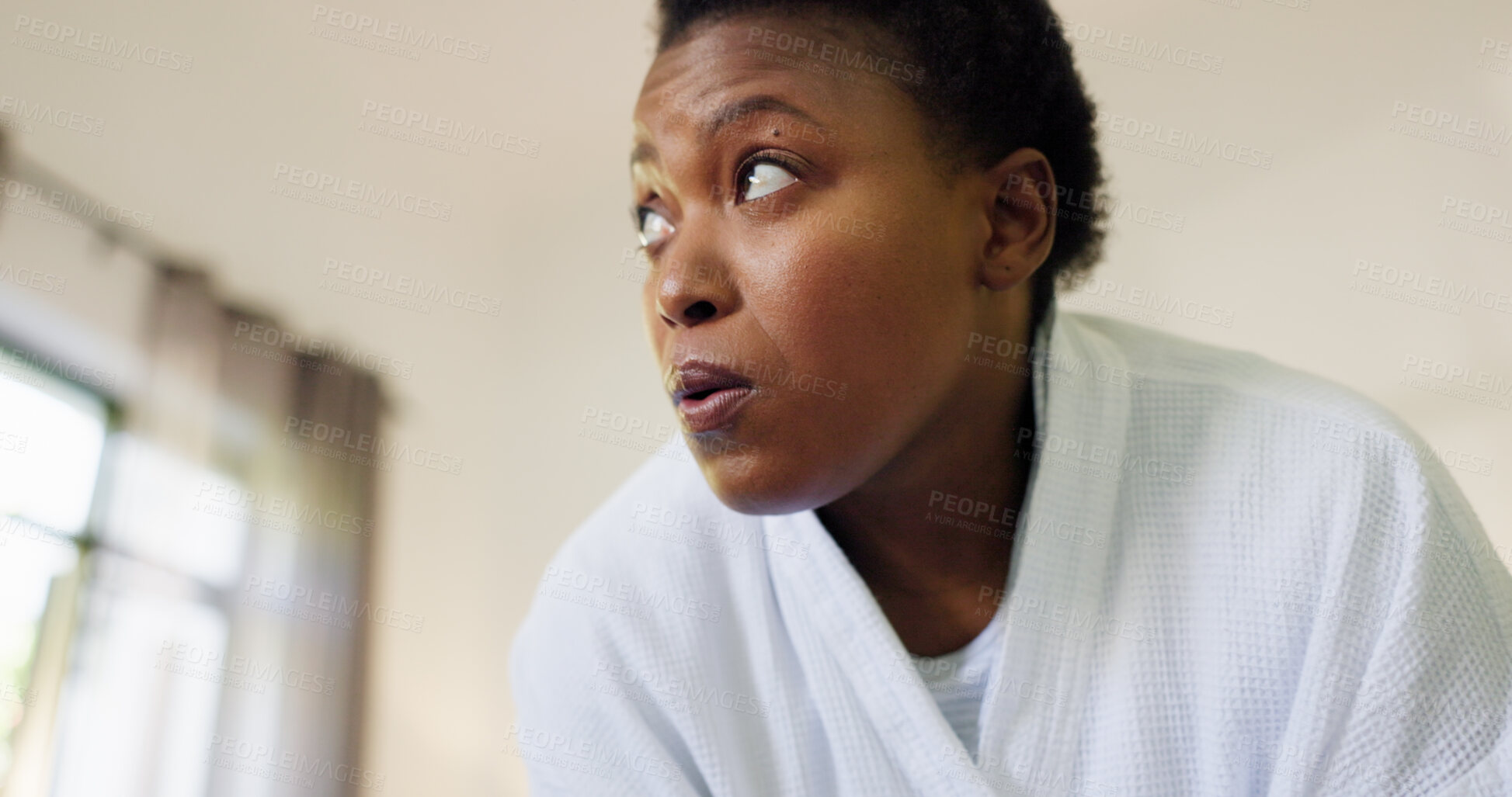 Buy stock photo Grooming, robe or black woman in home for morning, routine or appointment in rush. Below, thinking or person in apartment for hygiene preparation, getting ready or wellness to wake up or start day