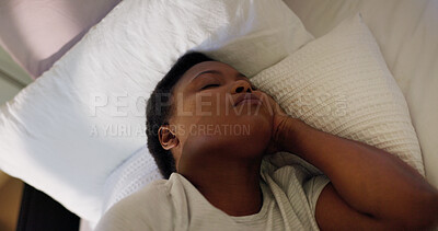 Buy stock photo Sleep, exhausted and black woman with dream in bed for resting, break and comfortable on pillow. Peace, wellness or tired female person in house bedroom for fatigue, morning nap and recovery to relax