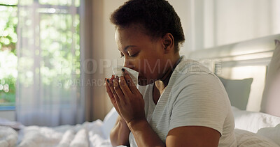 Buy stock photo Blowing nose, infection or black woman in bed with allergy, cold and flu in home with illness. Sick, virus or African female person with tissue paper for mucus, sneeze or fever with symptoms or germs