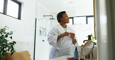 Buy stock photo Happy, skincare and black woman in morning in bathroom for cleaning, washing face and grooming. Daily routine, beauty and person with products for self care, hygiene and wellness for health in house