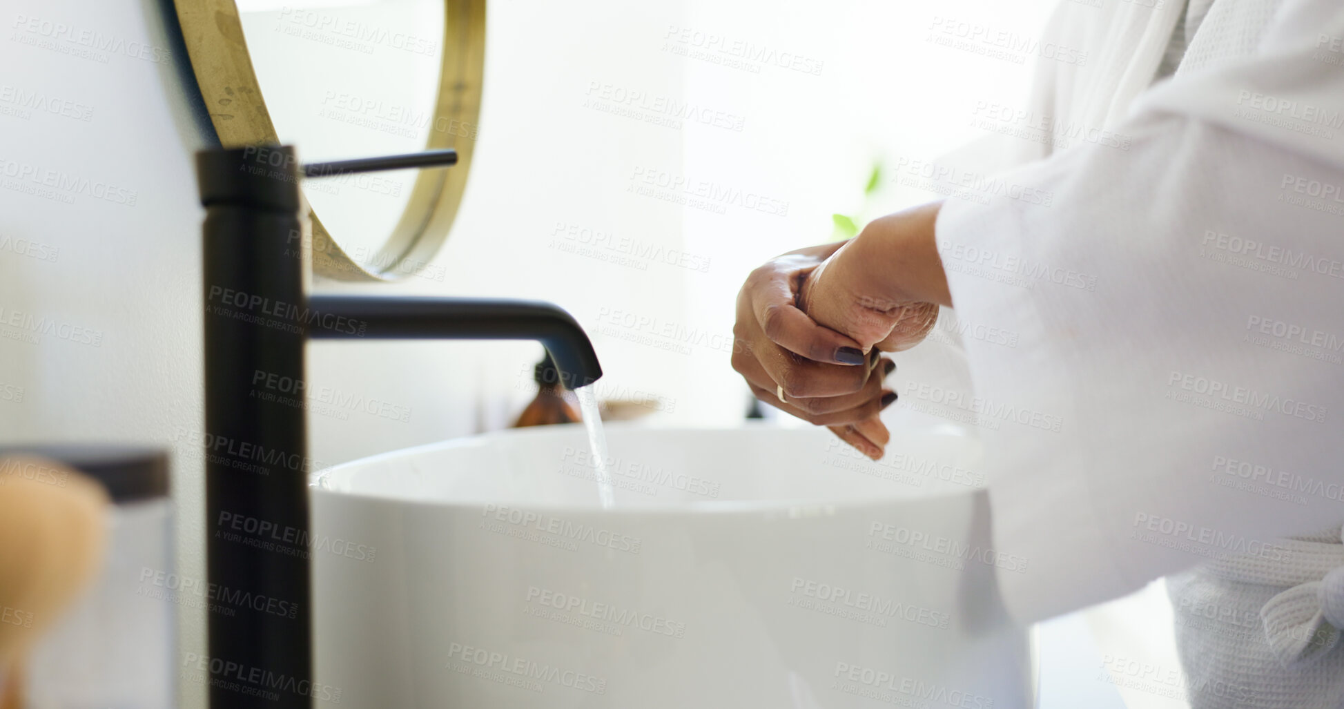 Buy stock photo Bathroom, woman and washing hands with water for cleaning skin, germ prevention and hygiene. Tap, rinse and person in home for disinfection, bacteria and virus removal for health with morning routine