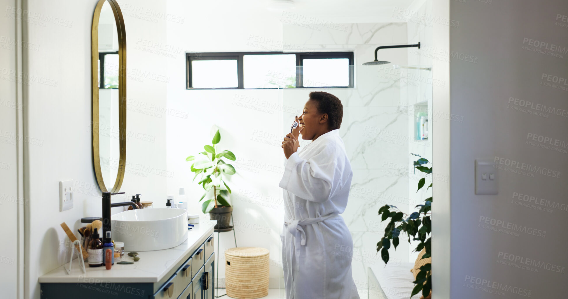 Buy stock photo Dancing, woman or singing with toothbrush in mirror for brushing teeth, oral hygiene or karaoke. Morning routine, energy and black person with music playlist in home for getting ready and dental care
