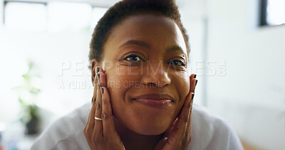 Buy stock photo Check face, skincare and black woman in home for shine, natural beauty or morning routine. Portrait, dermatology and happy person in bathroom to apply moisturizer, cosmetics or smooth skin for glow