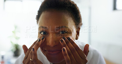 Buy stock photo Bathroom, beauty and woman with portrait, routine and facial treatment for smooth skin or skincare. Home, black person and dermatology for soft face, moisturizer and self care in morning or grooming