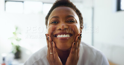 Buy stock photo Check face, skincare and black woman in bathroom for self care, beauty and morning routine. Portrait, dermatology and happy person in home to apply moisturizer, cosmetics or smooth skin with manicure