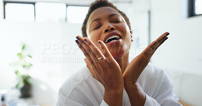 Buy stock photo Black woman, beauty and skincare with face in bathroom for glow, shine or collagen treatment results. Aesthetic, home or person with facial cosmetics for natural dermatology, skin health or manicure