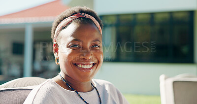Buy stock photo Portrait, smile and black woman at backyard for relax, chill and peace in morning by home. Happy African person, house and resting outdoor for calm, break and fresh air in garden on weekend in Kenya
