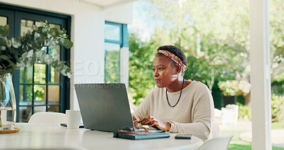 Buy stock photo Laptop, backyard and black woman in home for remote work, creative career and copywriting. Happy, patio and person on computer for online review, writing article and digital magazine in house