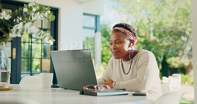 Buy stock photo Laptop, house and black woman with earphones for remote work, creative career and copywriting. Backyard, music and person on computer for online review, writing article and digital magazine on patio