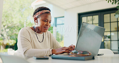 Buy stock photo Laptop, home and black woman with earphones for remote work, creative career and copywriting. Patio, music and person on computer for online review, writing article and digital magazine in house