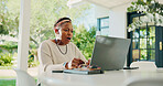 Remote work from home, shocked and black woman with laptop, mistake and bad news. African person, apartment and freelancer with computer, surprise and internet glitch virus with risk, email or fear
