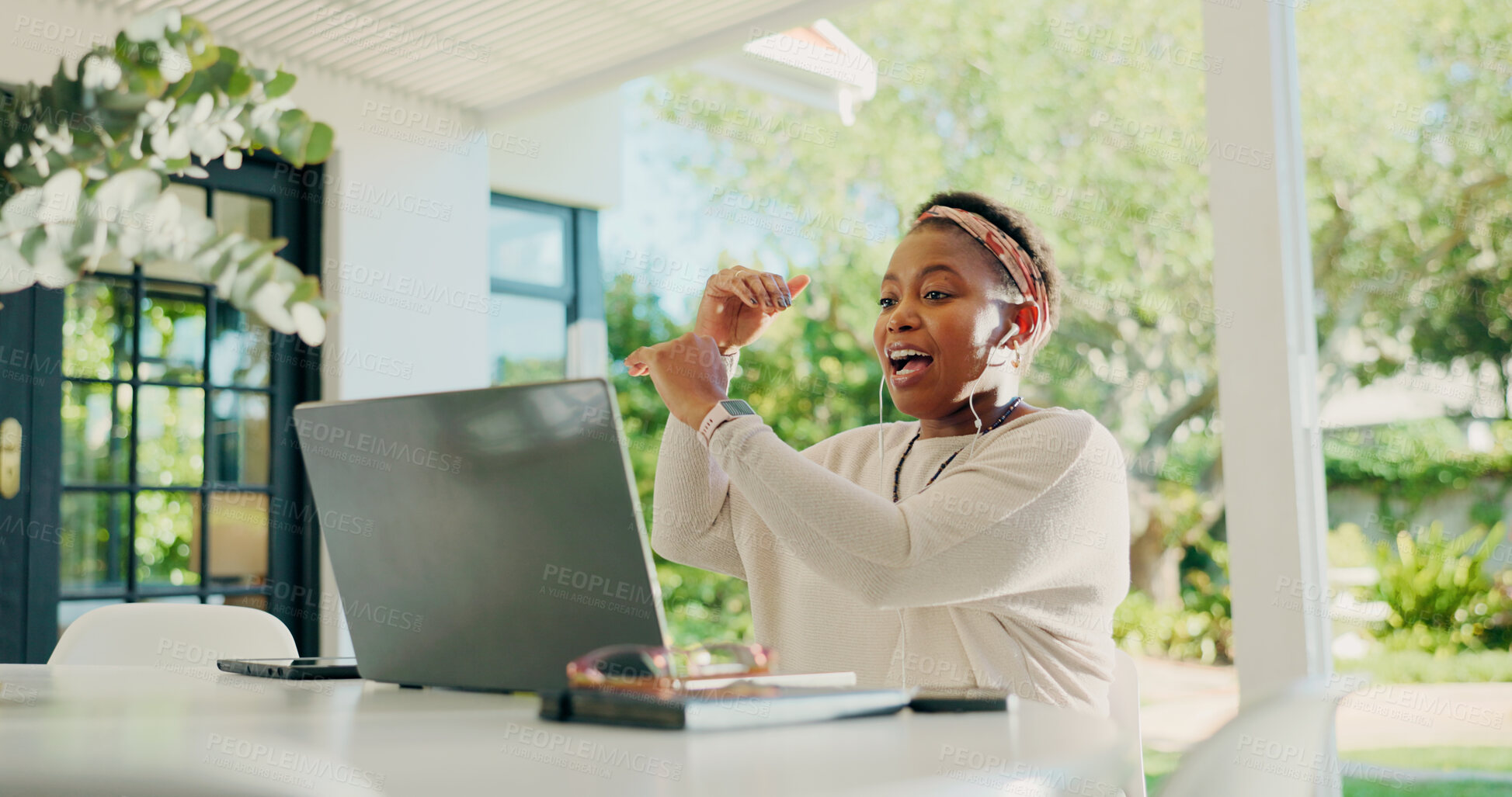 Buy stock photo Black woman, earphones and talking with laptop for video call, discussion or online communication. Female person, conversation or computer for virtual chat, explanation or webinar in backyard at home
