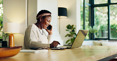 Buy stock photo Phone call, laptop and black woman in home for remote work, virtual assistance and consulting. Happy, house and person on computer talking on smartphone for communication, contact and online project