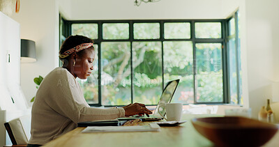 Buy stock photo African woman, typing and laptop at house for remote work, review article and proofreading. Female freelancer, coffee and online with email information, story feedback and news update for publication