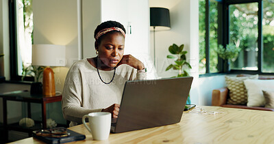 Buy stock photo Sad, black woman and reading on laptop at house for bad news, financial crisis and overdue bills. Female person, worry and online with loan rejection, finance scam and investment fraud for bankruptcy