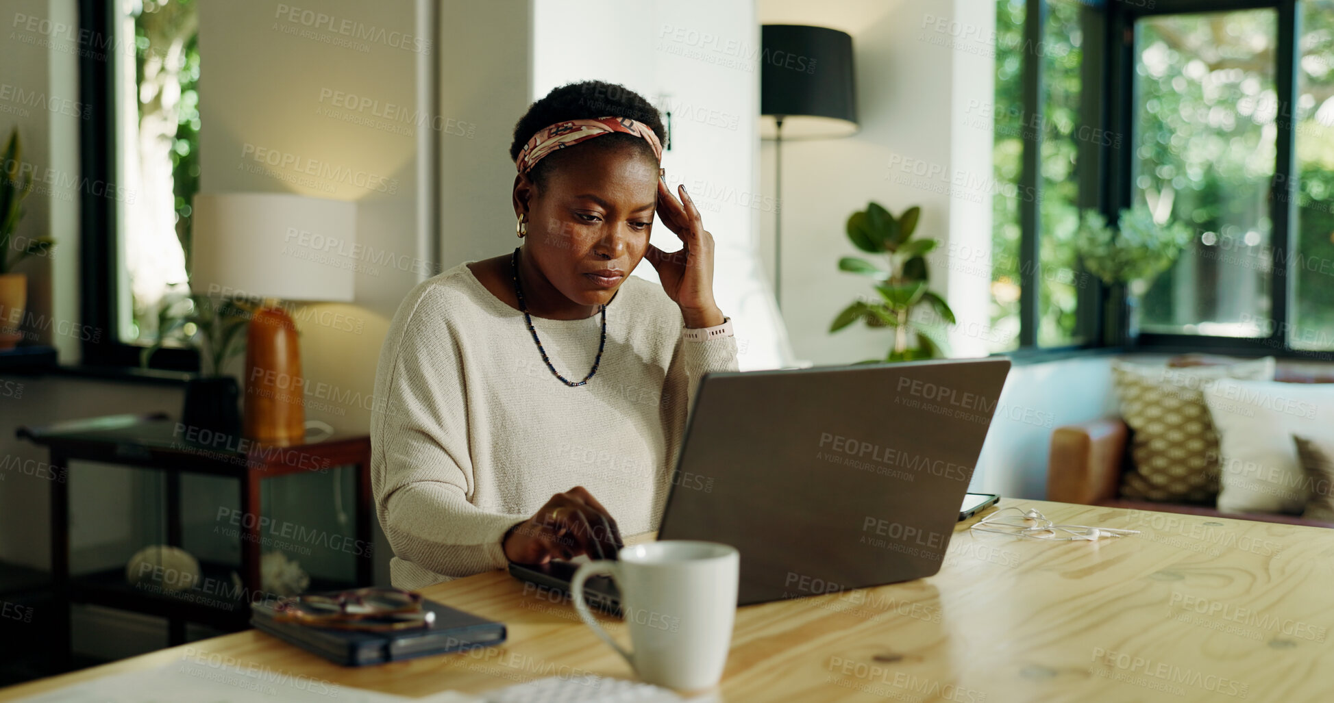 Buy stock photo Laptop, black woman and headache with stress in home with brain fog, pressure or muscle tension. Remote work, freelancer and uncomfortable migraine with burnout, fatigue and overwhelmed with deadline