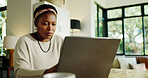 Remote work, black woman or typing on laptop in home for blog post, creative review or proofreading. Freelancer, journalist or tech in house for writing newsletter, editor feedback or editing article