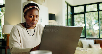 Buy stock photo Remote work, black woman or typing on laptop in home for blog post, creative review or proofreading. Freelancer, journalist or tech in house for writing newsletter, editor feedback or editing article