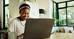 Remote work, black woman or happy with laptop in home for editor feedback, blog review and coffee. Freelancer, journalist or tech in house for newsletter research, proofreading article and planning
