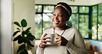 Happy, black woman or thinking with coffee by window at home for new day, morning or fresh start. Female person, smile or wonder with mug or cup of caffeine in joy or thought for daydreaming at house