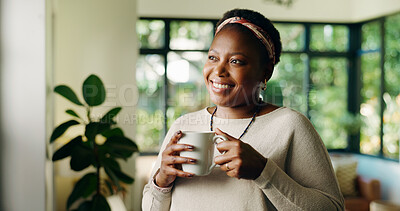 Buy stock photo Happy, black woman or thinking with coffee by window at home for new day, morning or fresh start. Female person, smile or wonder with mug or cup of caffeine in joy or thought for daydreaming at house