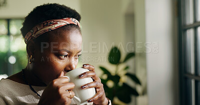 Buy stock photo Thinking, drink tea and black woman in home for relax, peace or calm with serious mindset on weekend. Coffee mug, thoughts and female person at house for vision, ponder and reflection with espresso